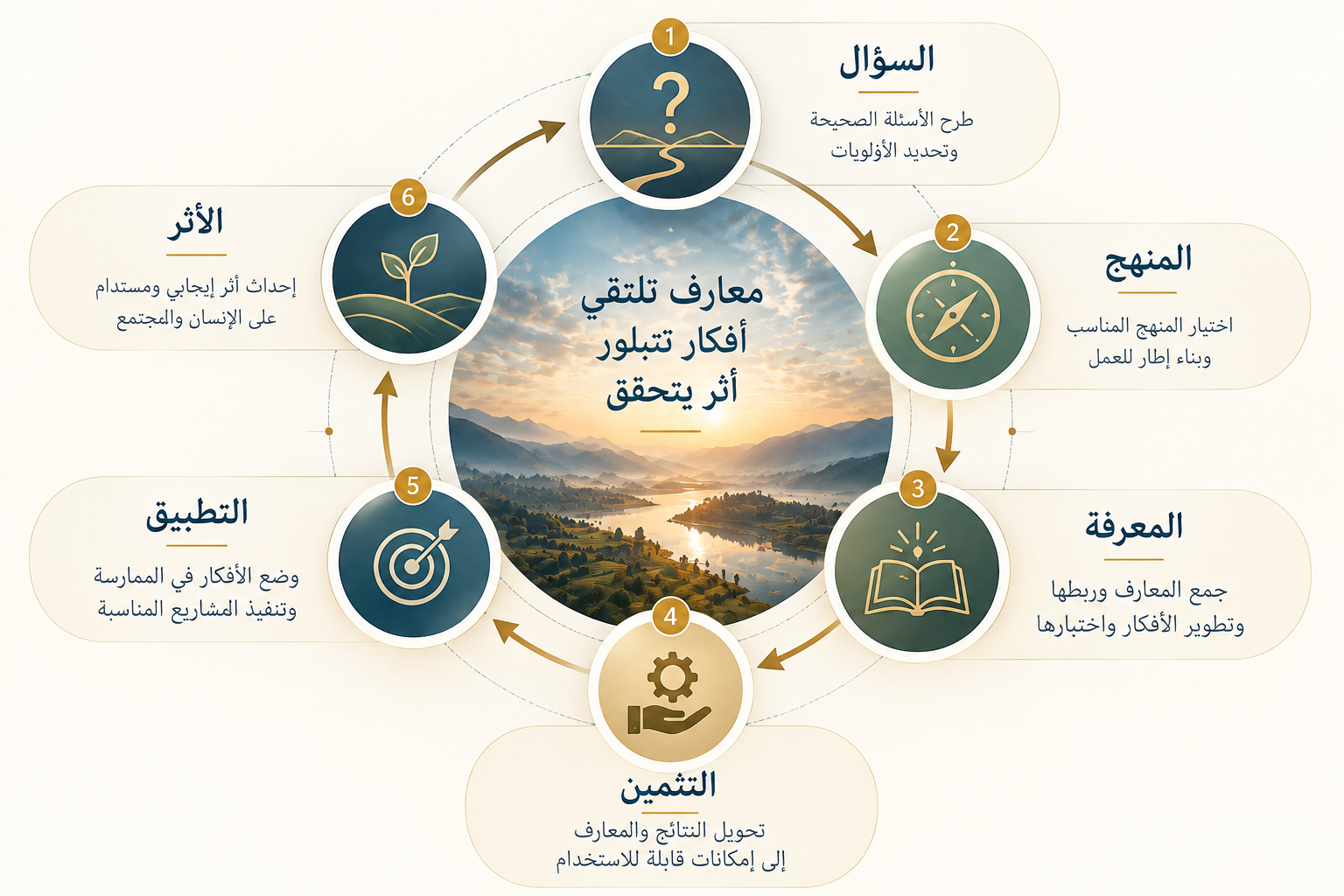 من السؤال إلى الأثر: السؤال، المنهج، المعرفة، التثمين، التطبيق، الأثر